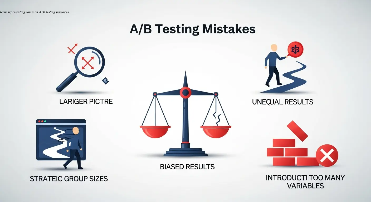 Icons representing common A/B testing mistakes