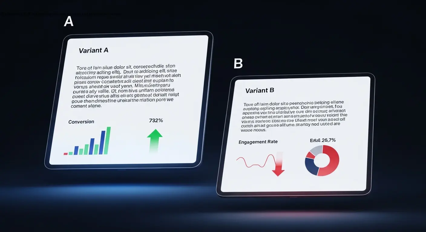 Illustration of A/B test showing two copy variants and performance metrics
