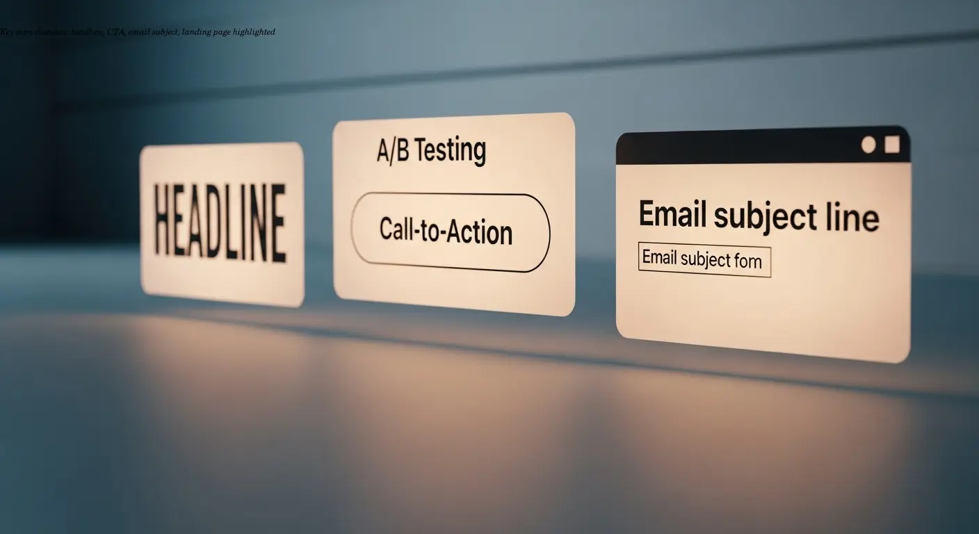 Key copy elements: headline, CTA, email subject, landing page highlighted