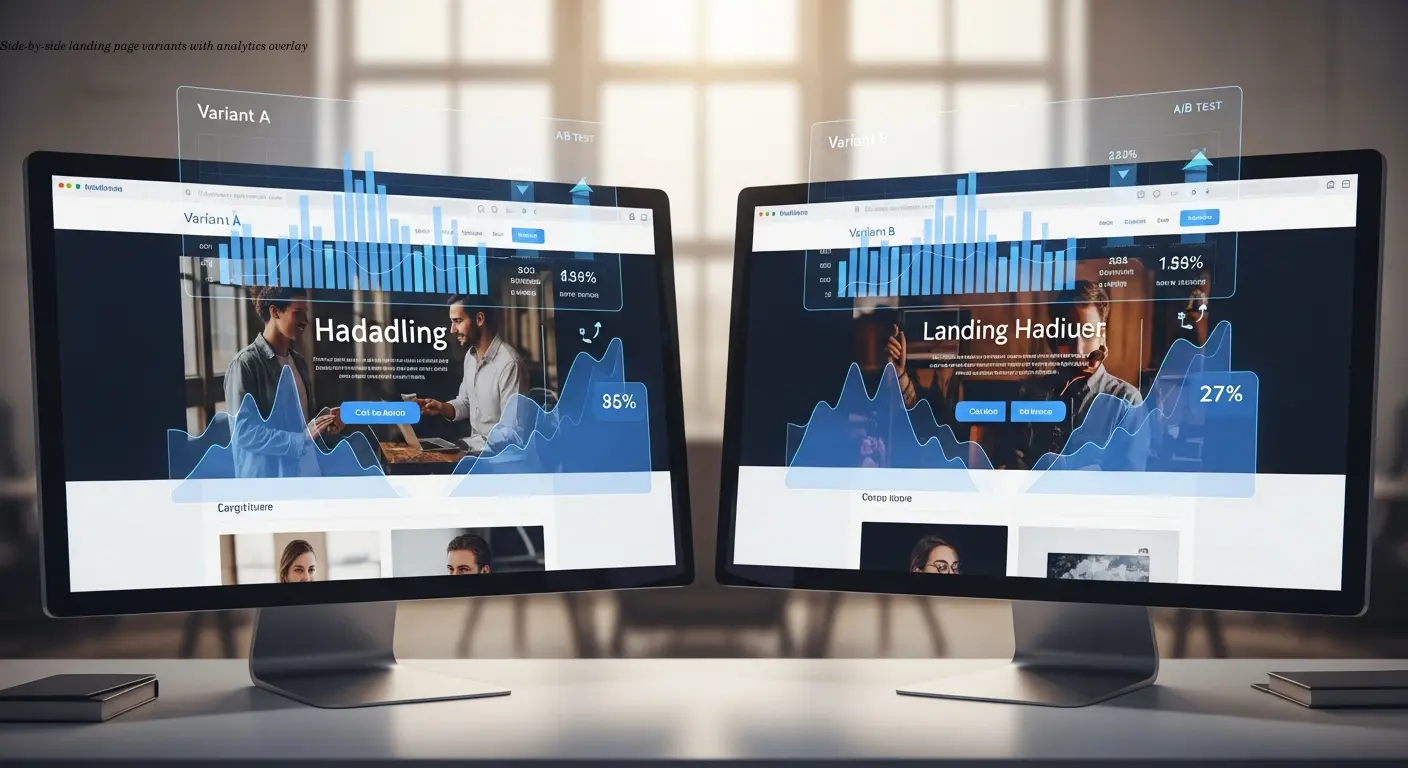 Side-by-side landing page variants with analytics overlay
