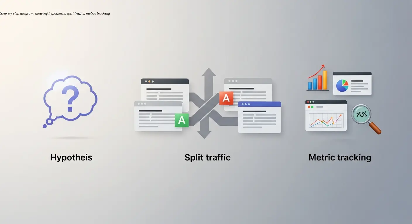 Step-by-step diagram showing hypothesis, split traffic, metric tracking