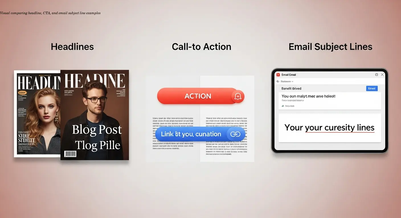Visual comparing headline, CTA, and email subject line examples