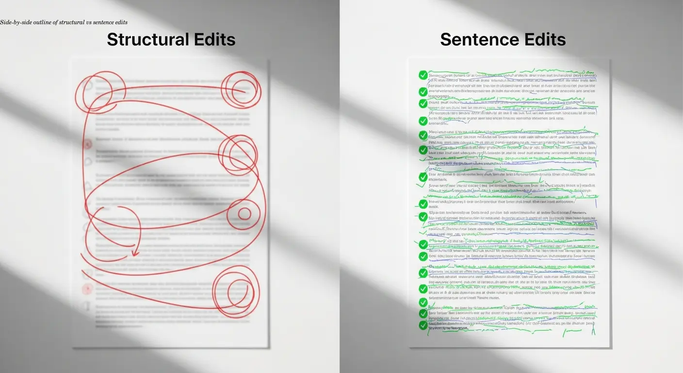 Side-by-side outline of structural vs sentence edits