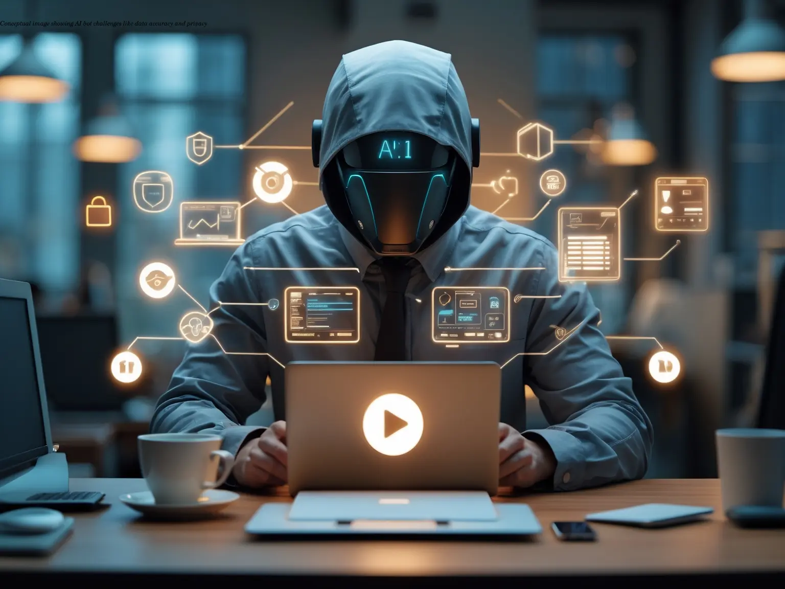 Conceptual image showing AI bot challenges like data accuracy and privacy