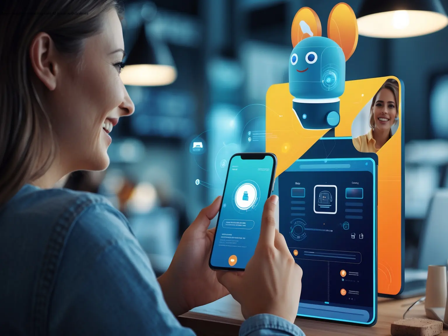 Happy customer interacting with AI bot on mobile device