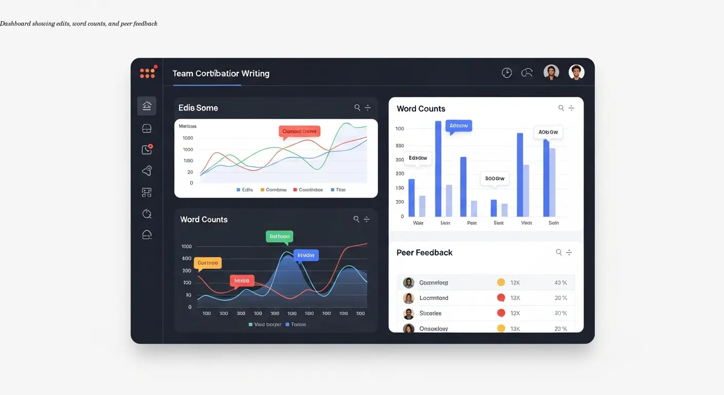 Dashboard showing edits, word counts, and peer feedback