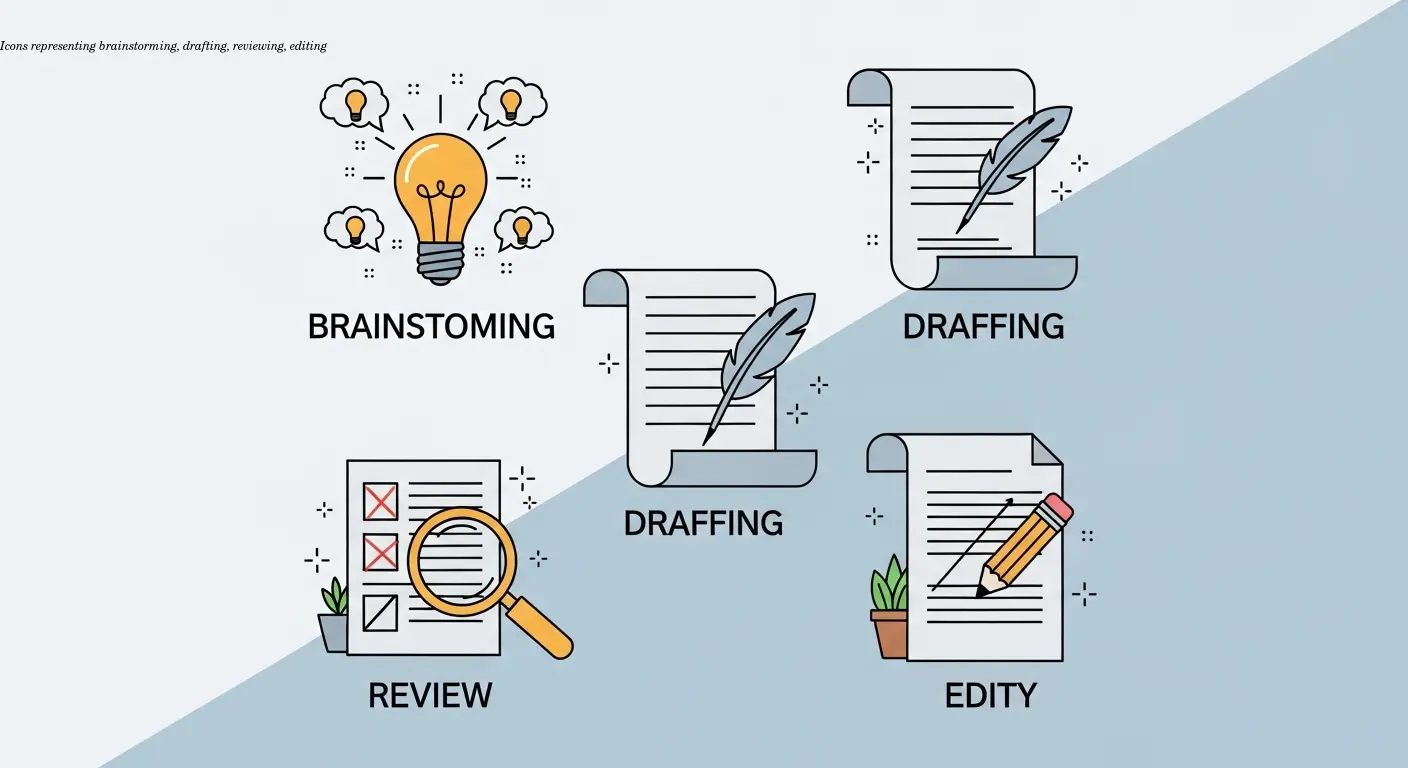 Icons representing brainstorming, drafting, reviewing, editing