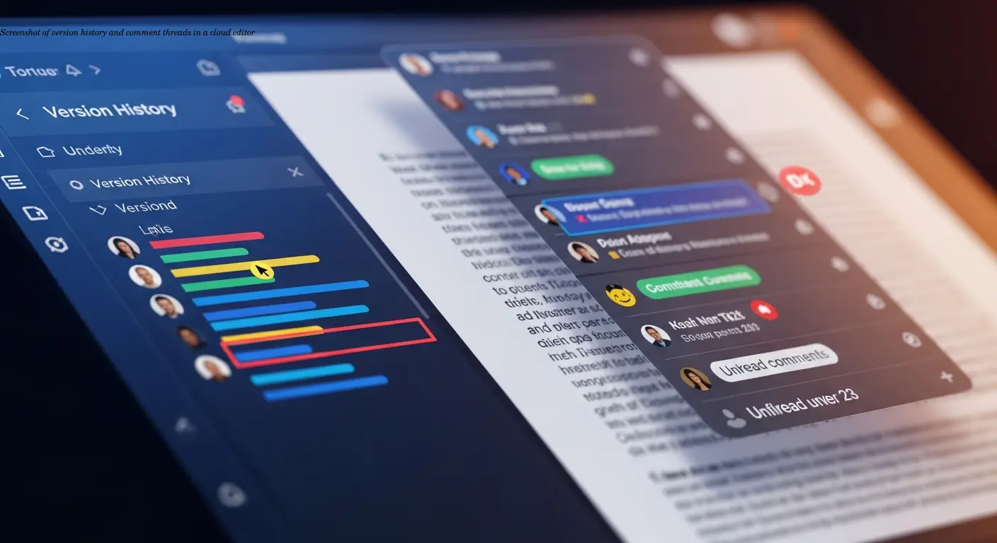 Screenshot of version history and comment threads in a cloud editor