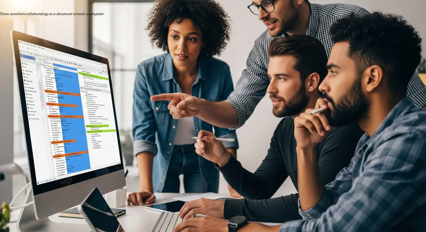 Team members collaborating on a document around a computer