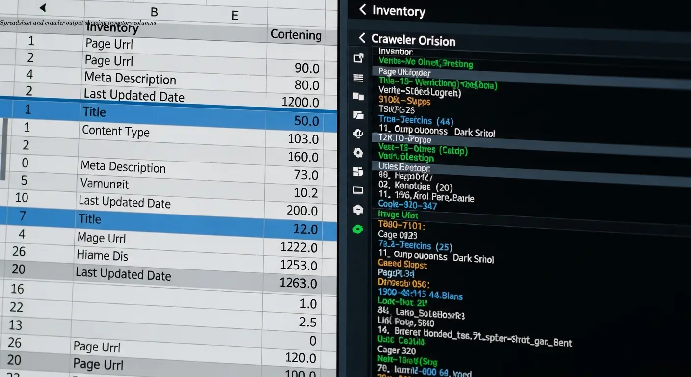 Spreadsheet and crawler output showing inventory columns
