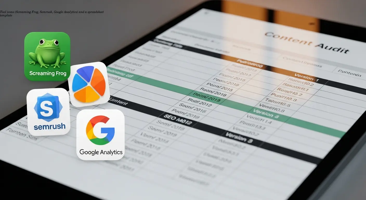 Tool icons (Screaming Frog, Semrush, Google Analytics) and a spreadsheet template