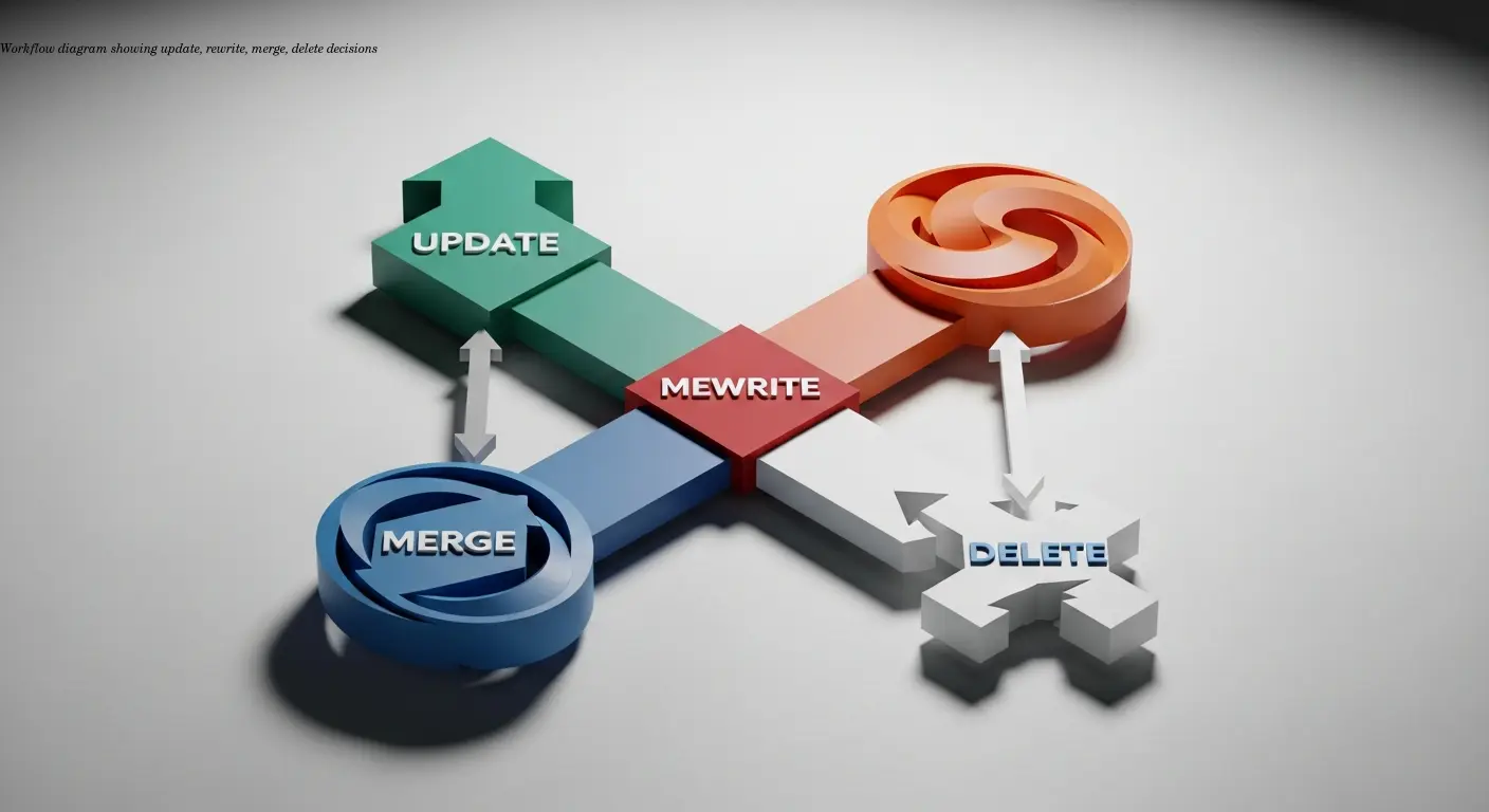 Workflow diagram showing update, rewrite, merge, delete decisions