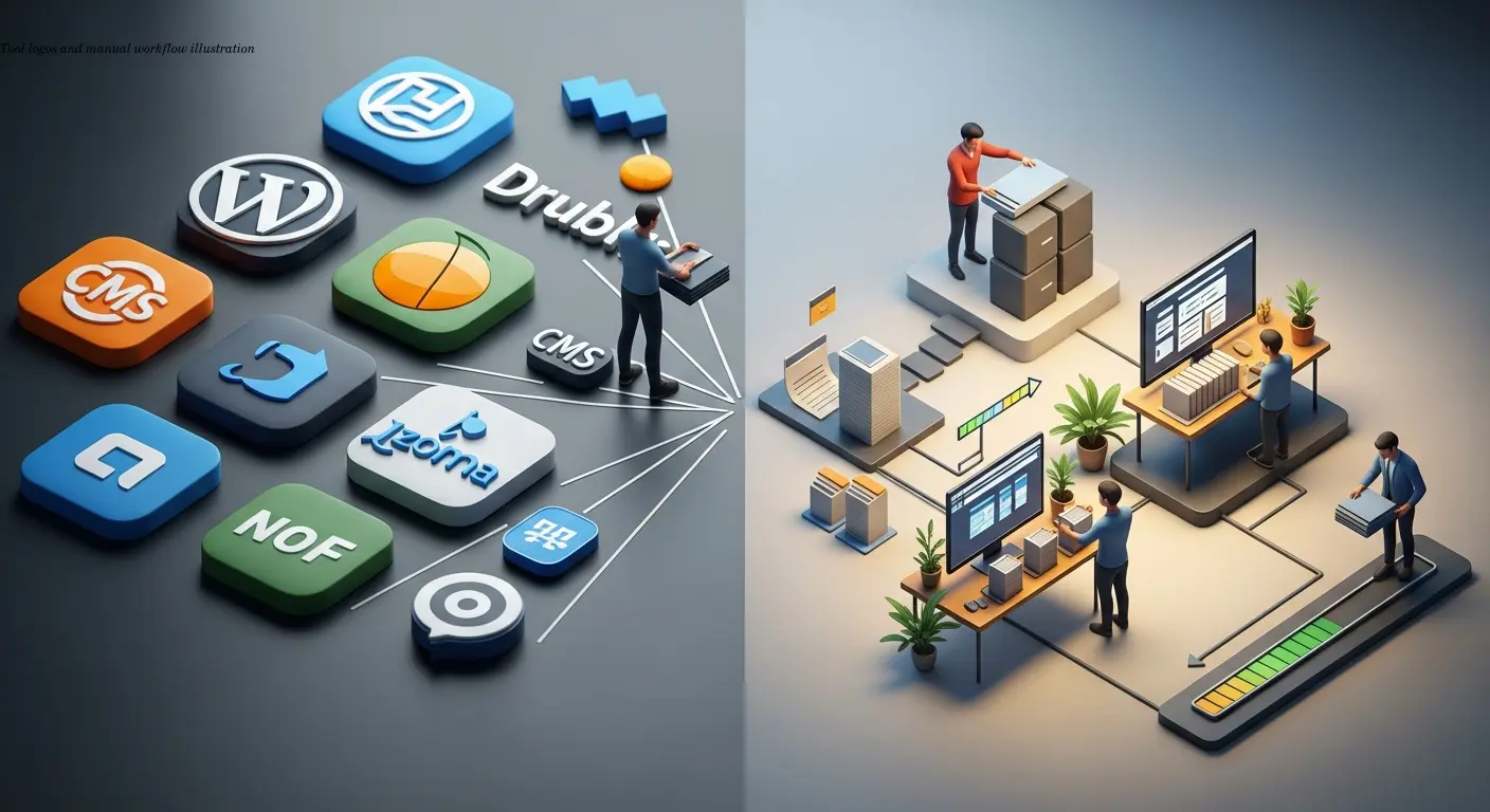 Tool logos and manual workflow illustration