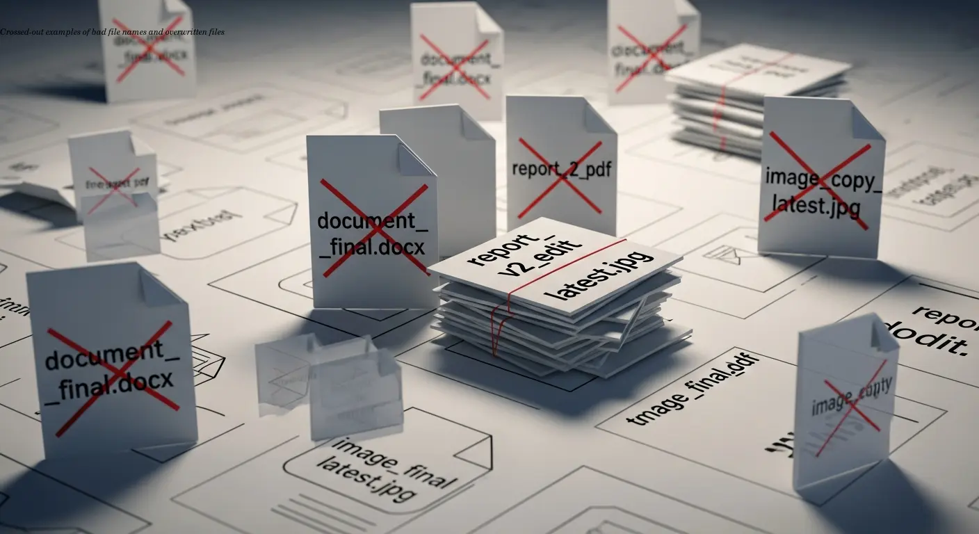 Crossed-out examples of bad file names and overwritten files