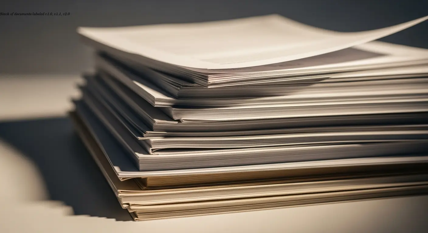 Stack of documents labeled v1.0, v1.1, v2.0