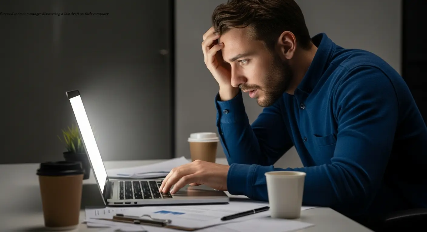 Stressed content manager discovering a lost draft on their computer