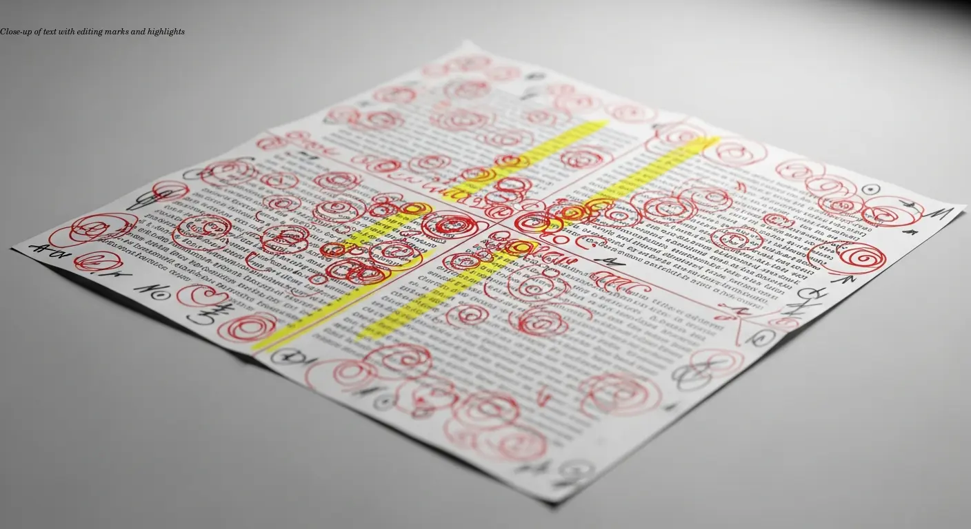 Close-up of text with editing marks and highlights