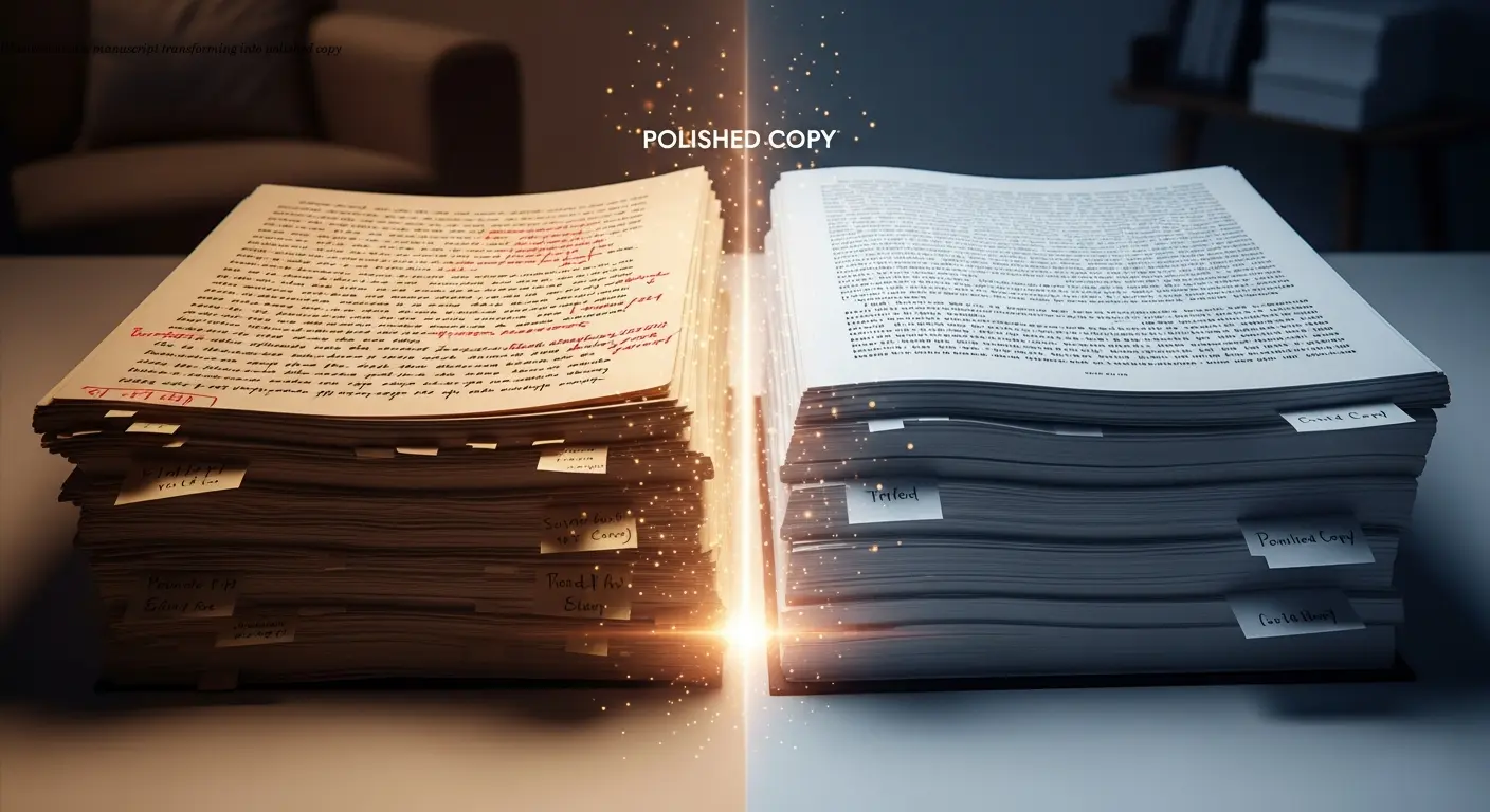 Illustration of a manuscript transforming into polished copy