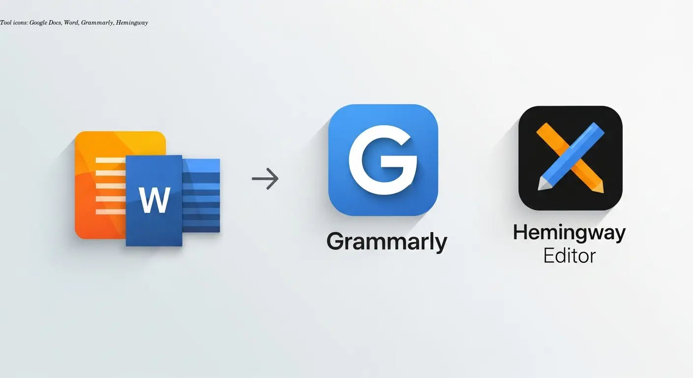 Tool icons: Google Docs, Word, Grammarly, Hemingway