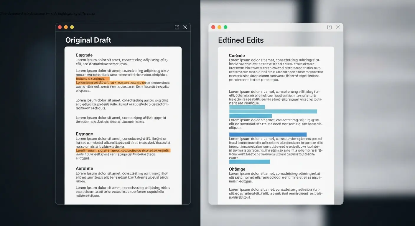 Two document windows side-by-side highlighting differences