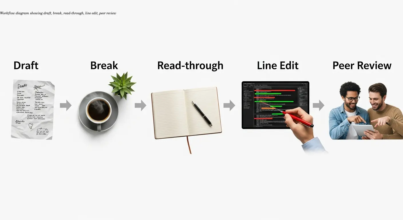 Workflow diagram showing draft, break, read-through, line edit, peer review