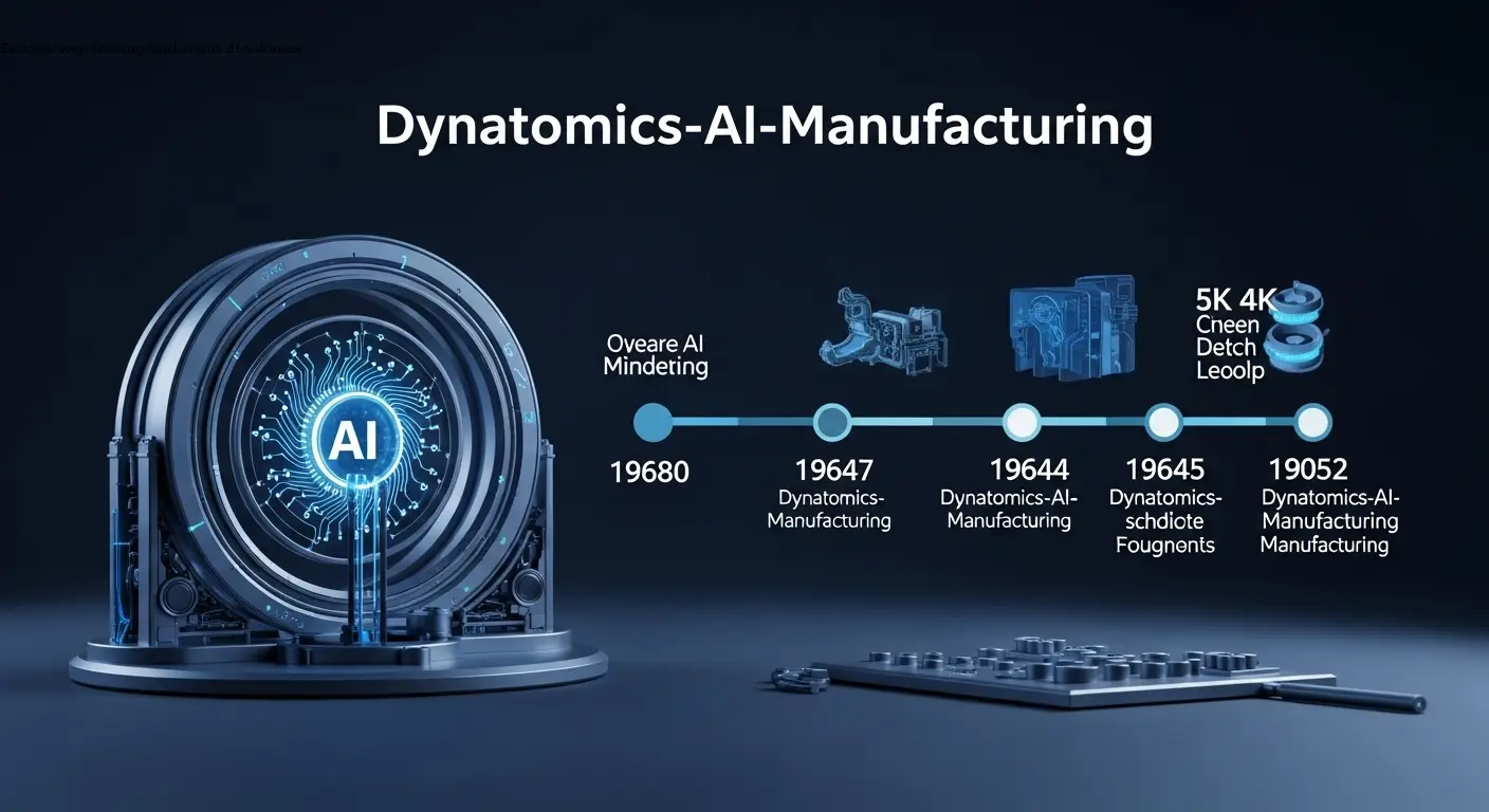Futuristic manufacturing timeline with AI milestones