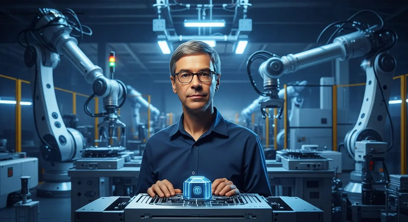 Larry Page with futuristic manufacturing background