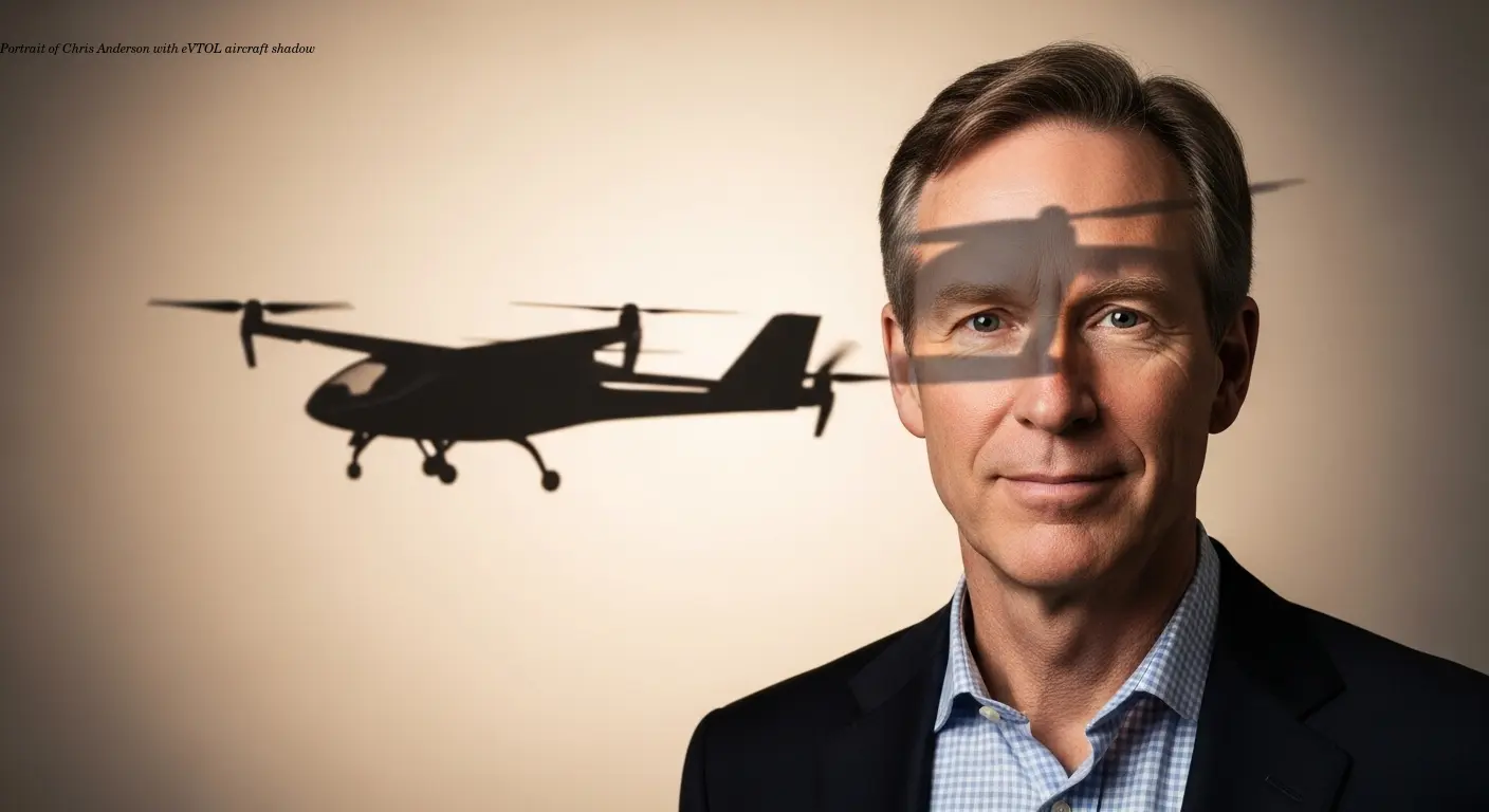 Portrait of Chris Anderson with eVTOL aircraft shadow