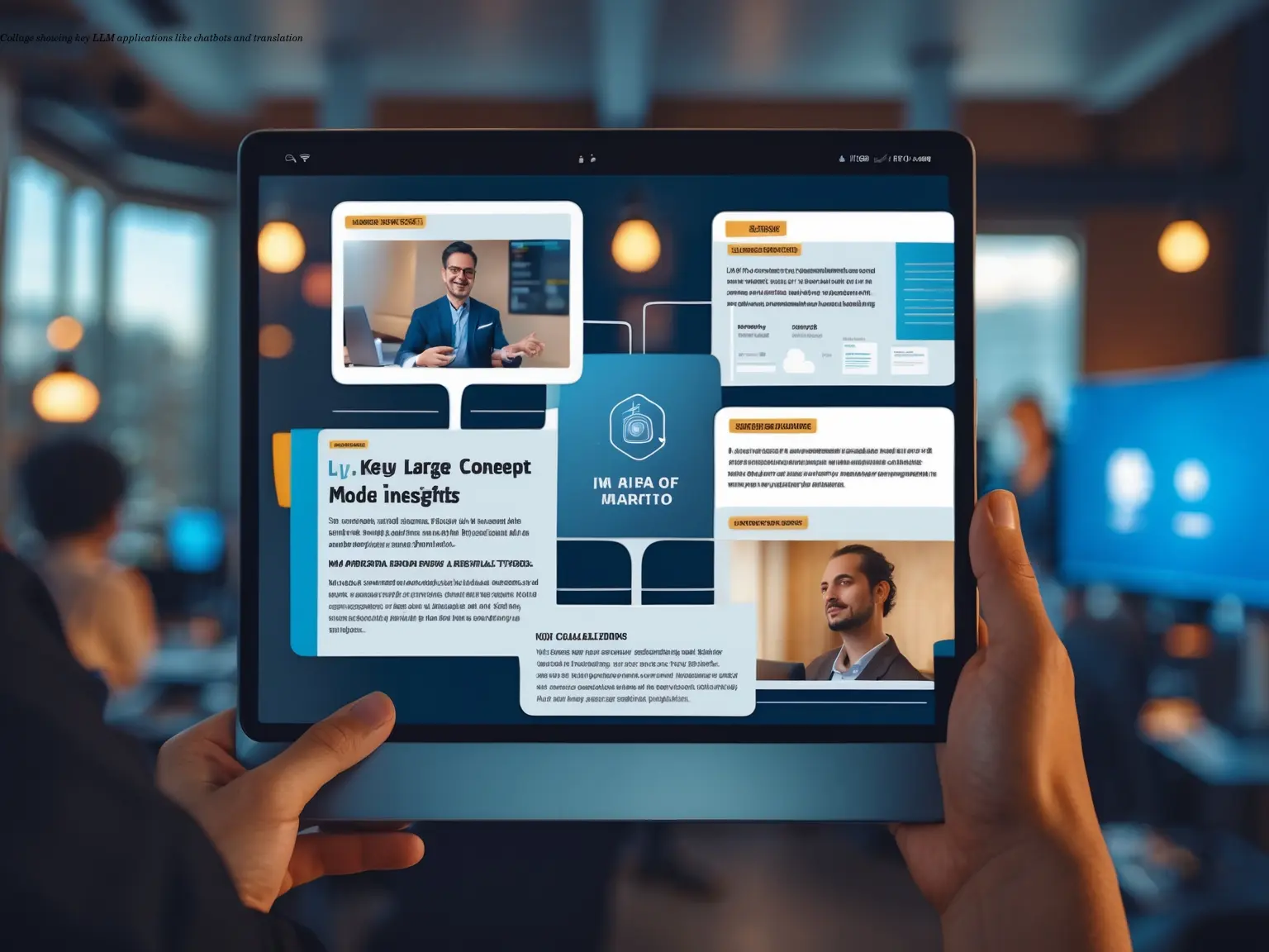 Collage showing key LLM applications like chatbots and translation