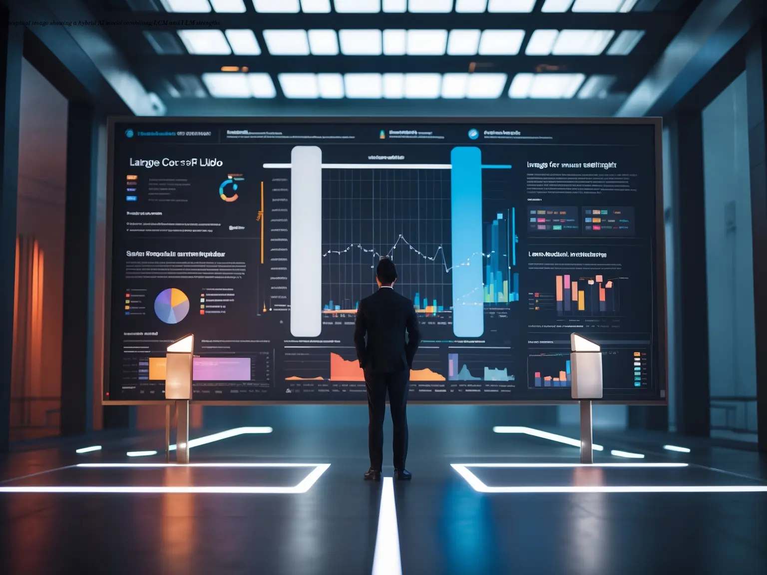Conceptual image showing a hybrid AI model combining LCM and LLM strengths