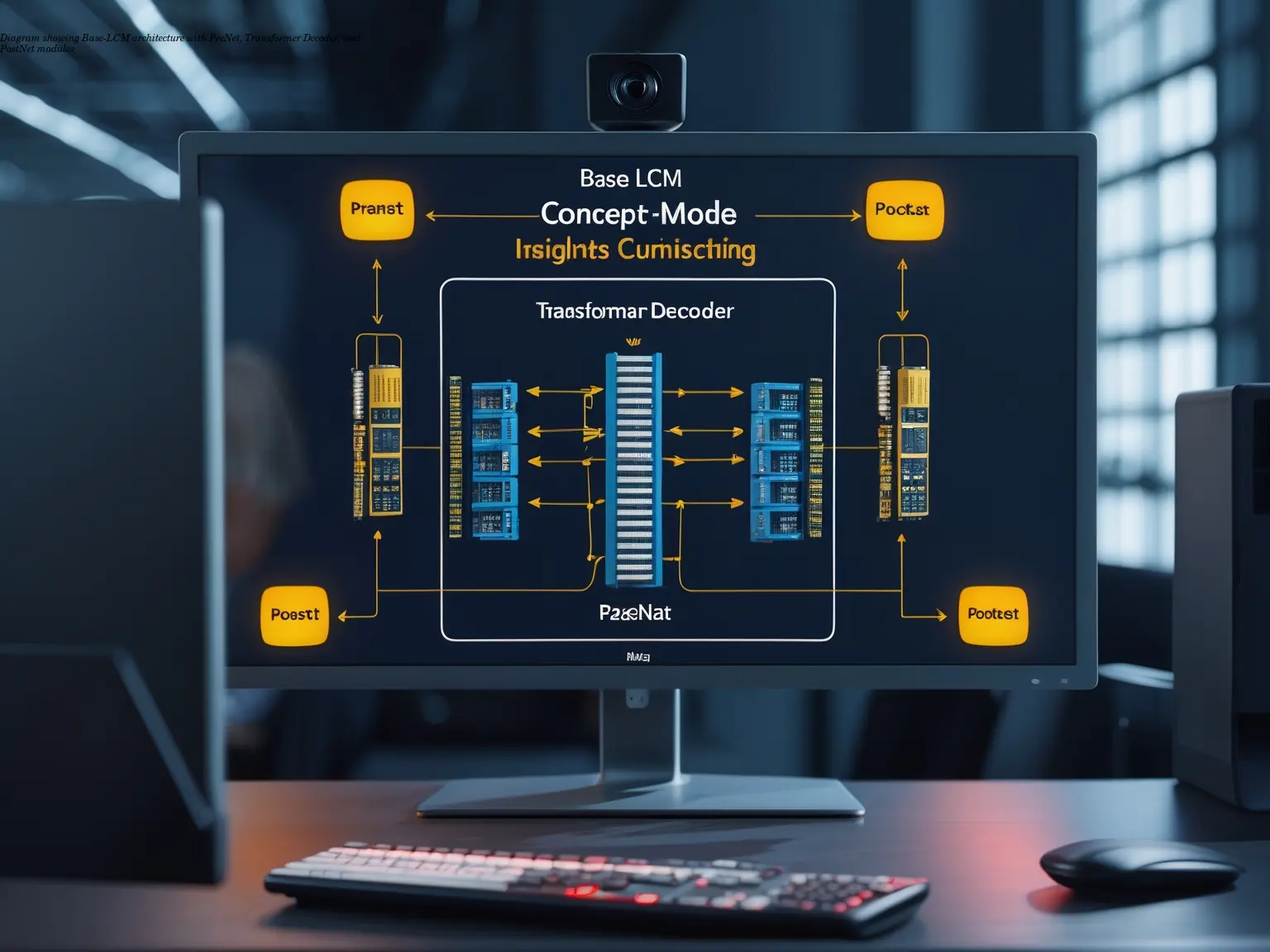 Diagram showing Base-LCM architecture with PreNet, Transformer Decoder, and PostNet modules