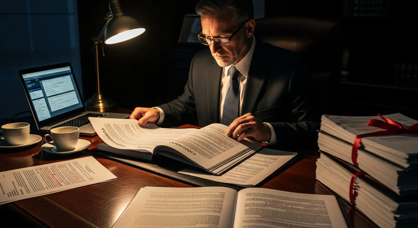 Senior partner reviewing contracts late at night