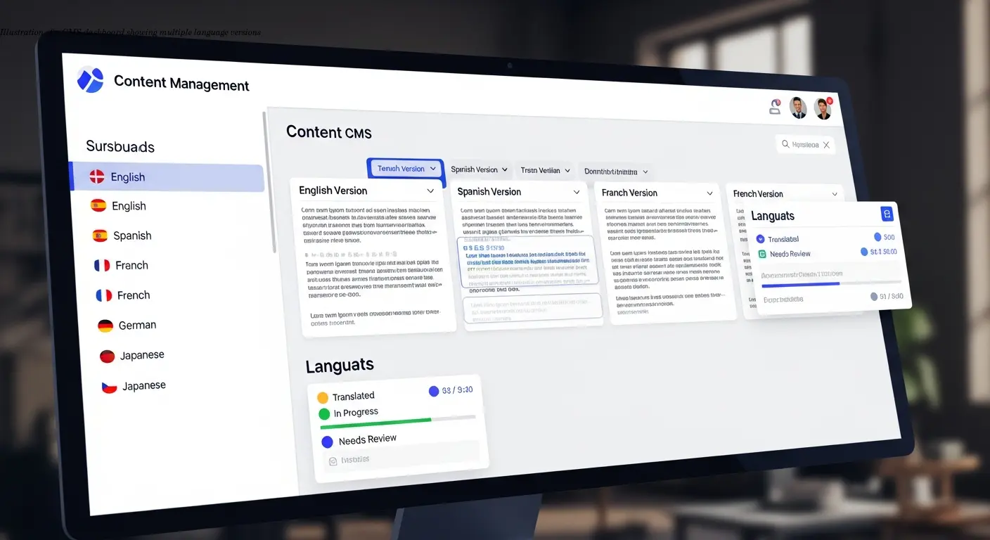 Illustration of a CMS dashboard showing multiple language versions