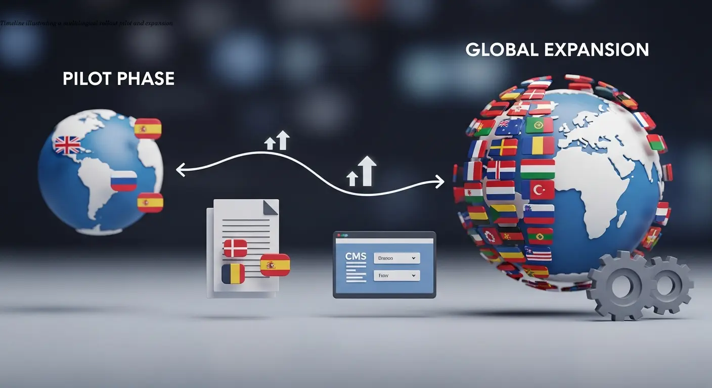 Timeline illustrating a multilingual rollout pilot and expansion