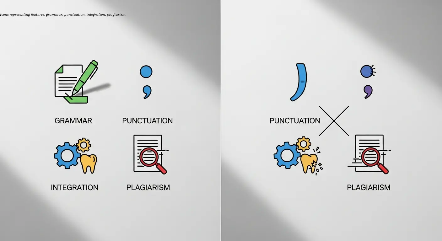 Icons representing features: grammar, punctuation, integration, plagiarism