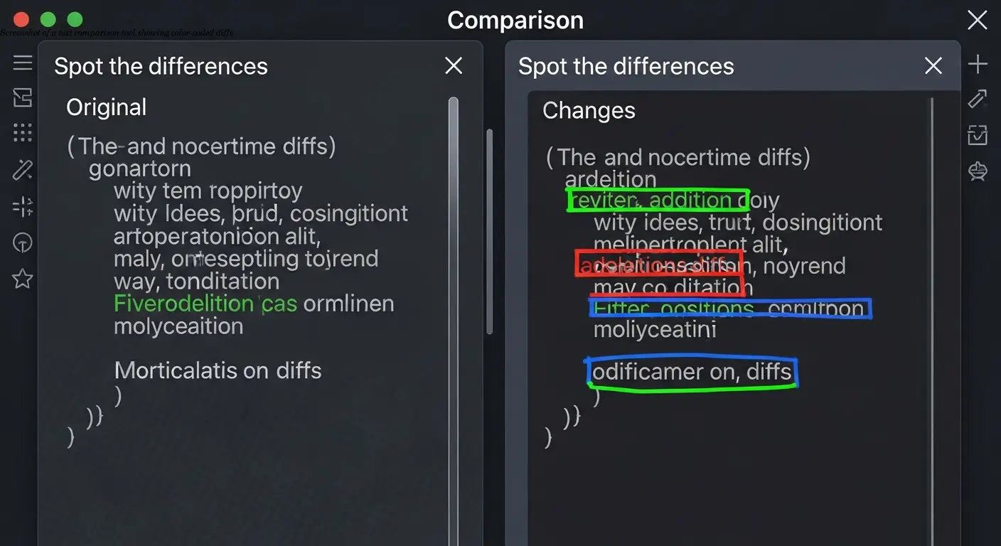Screenshot of a text comparison tool showing color-coded diffs