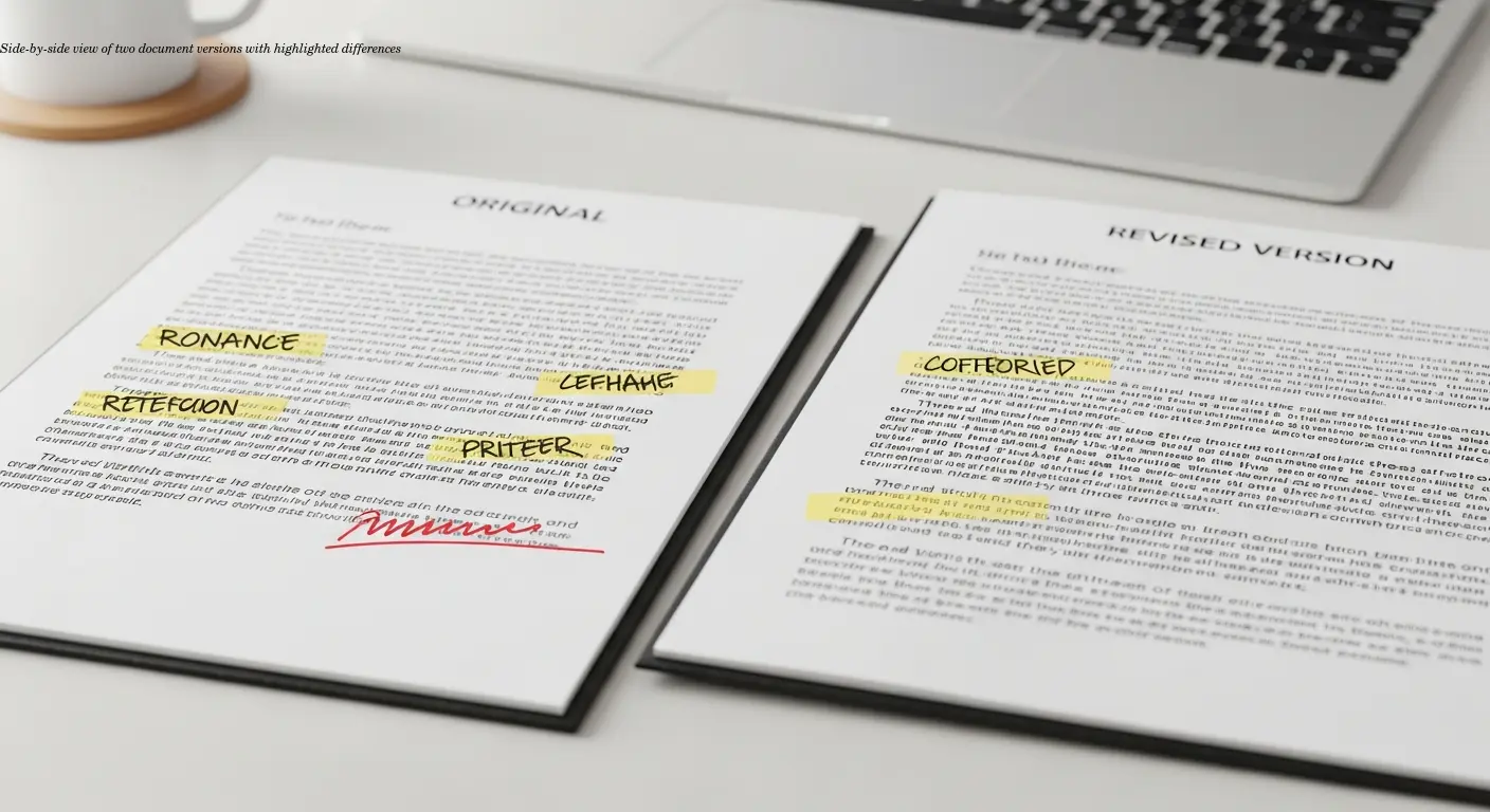 Side-by-side view of two document versions with highlighted differences