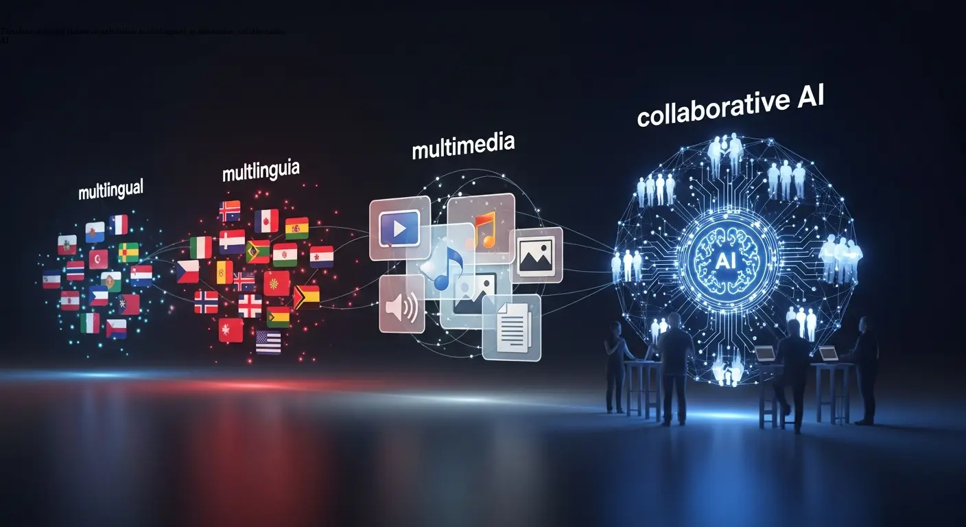 Timeline showing future capabilities: multilingual, multimedia, collaborative AI
