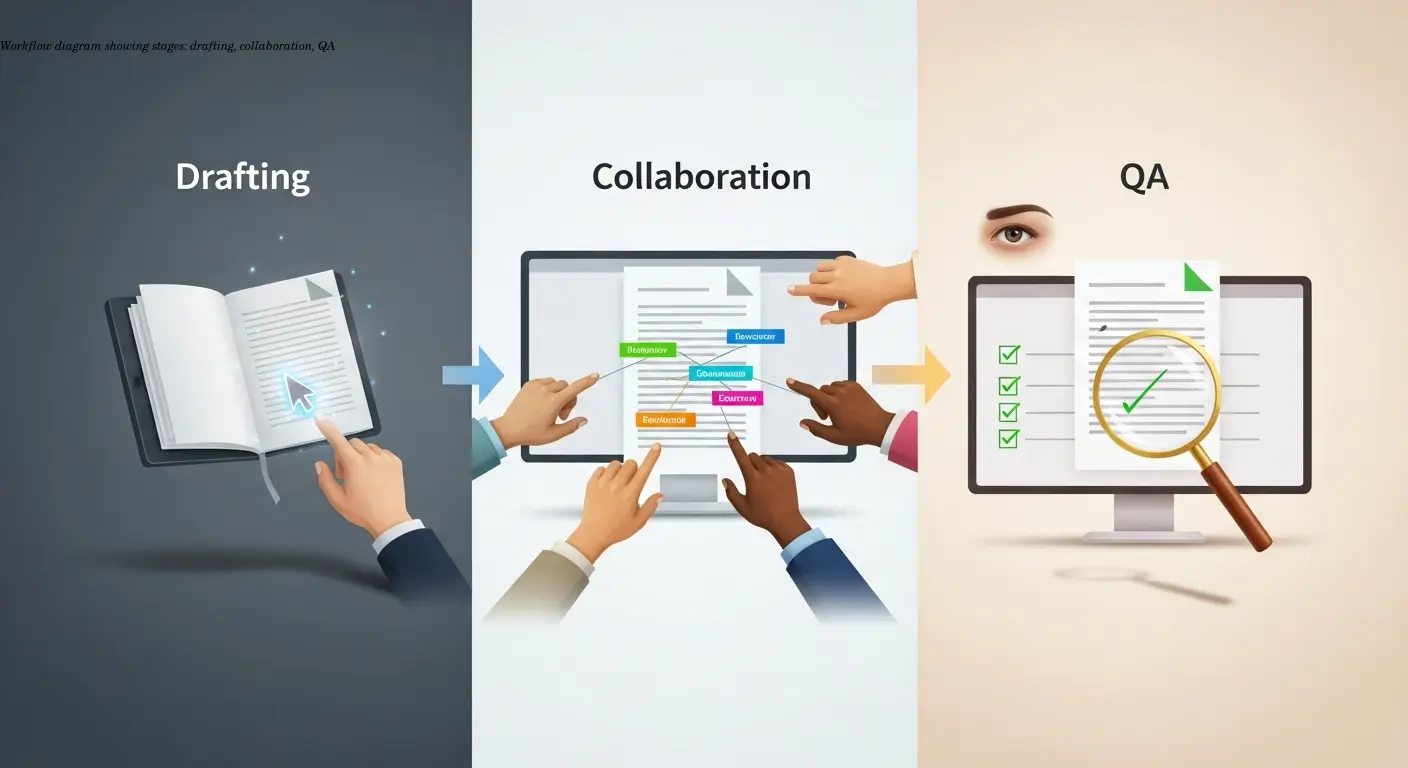 Workflow diagram showing stages: drafting, collaboration, QA