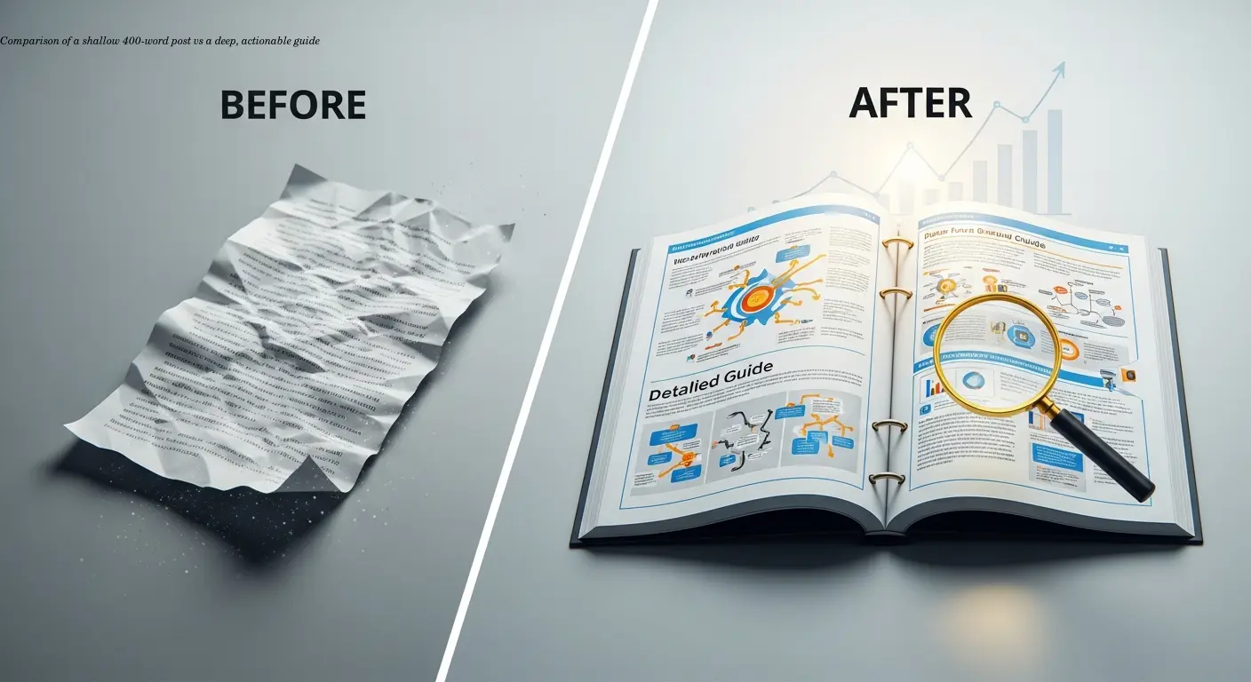 Comparison of a shallow 400-word post vs a deep, actionable guide