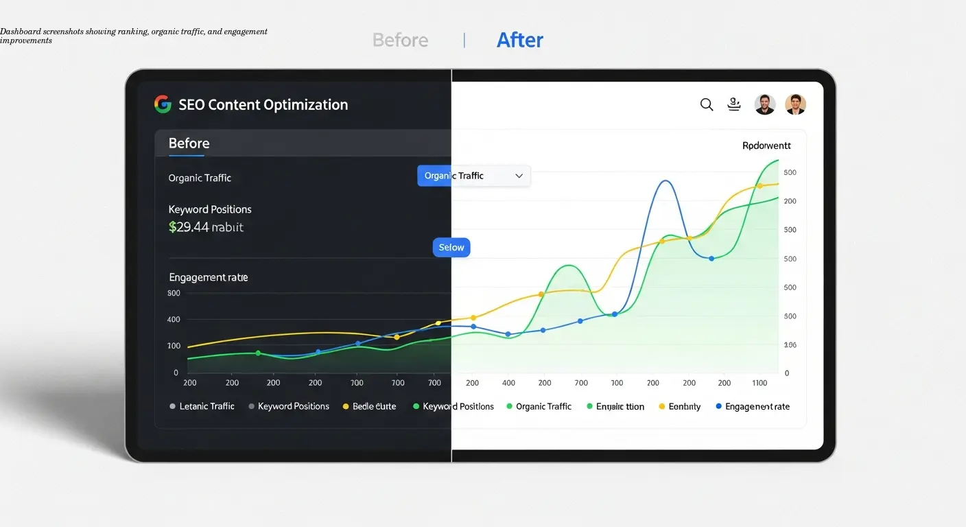 Dashboard screenshots showing ranking, organic traffic, and engagement improvements