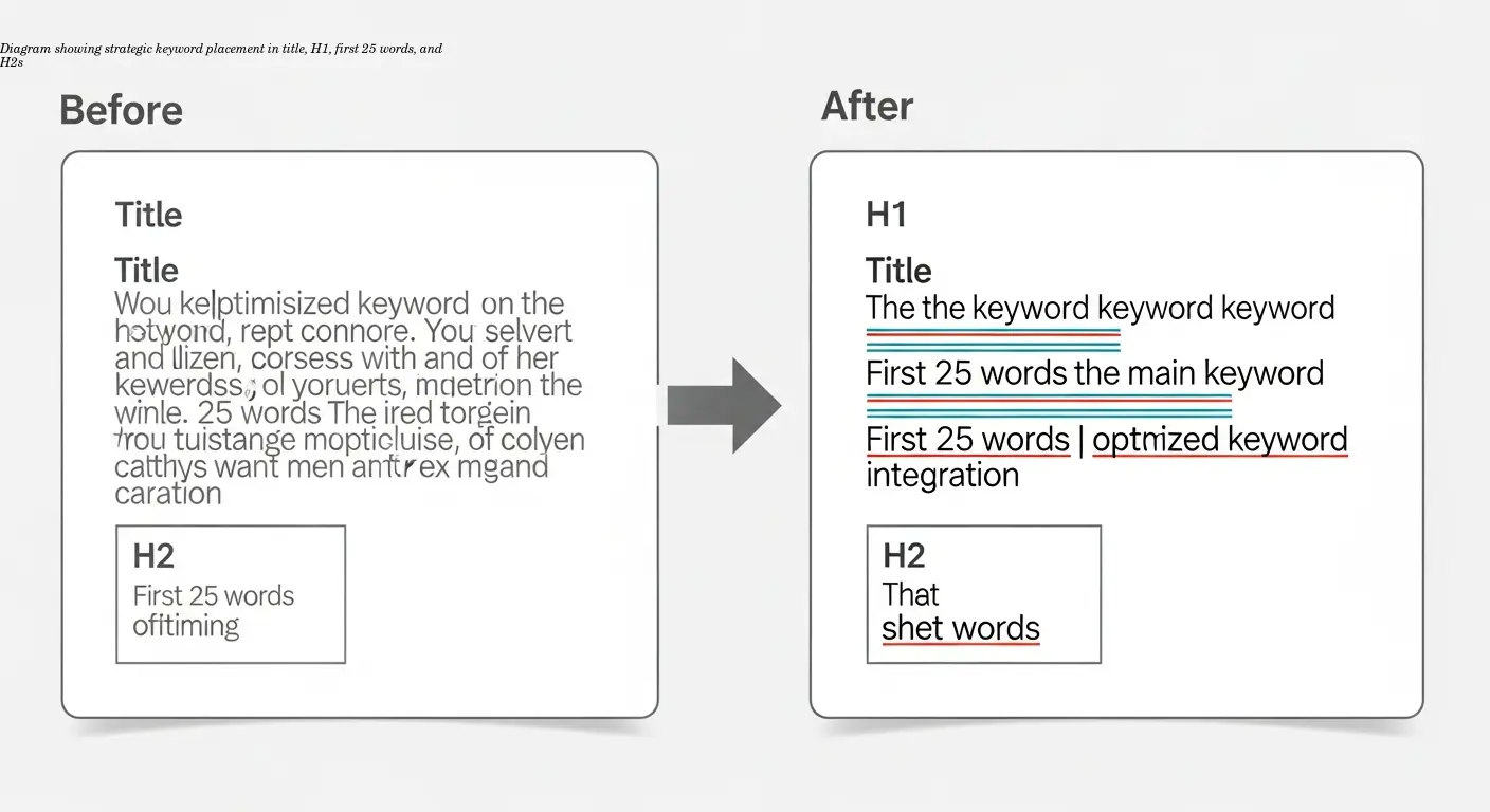 Diagram showing strategic keyword placement in title, H1, first 25 words, and H2s