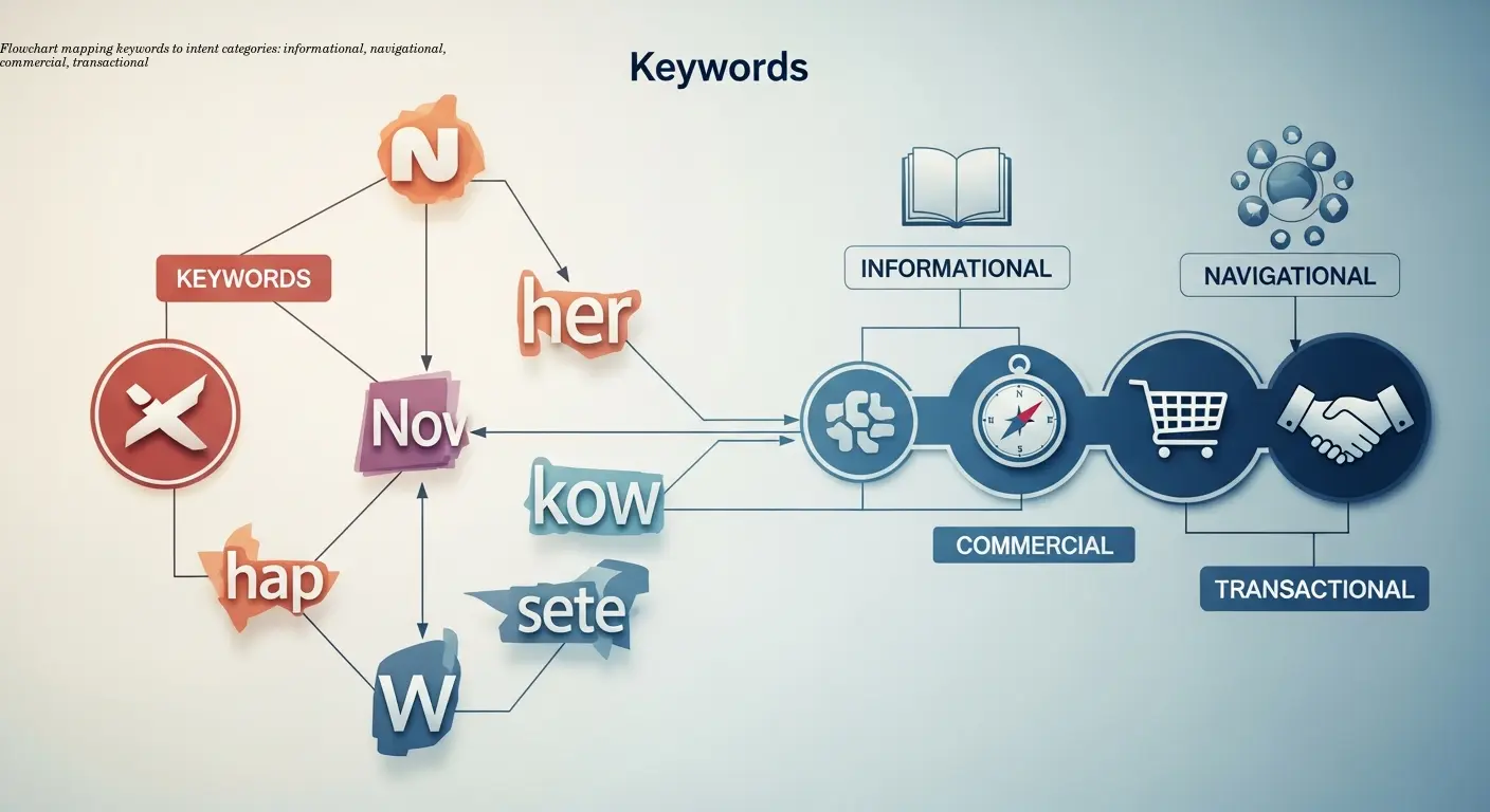 Flowchart mapping keywords to intent categories: informational, navigational, commercial, transactional