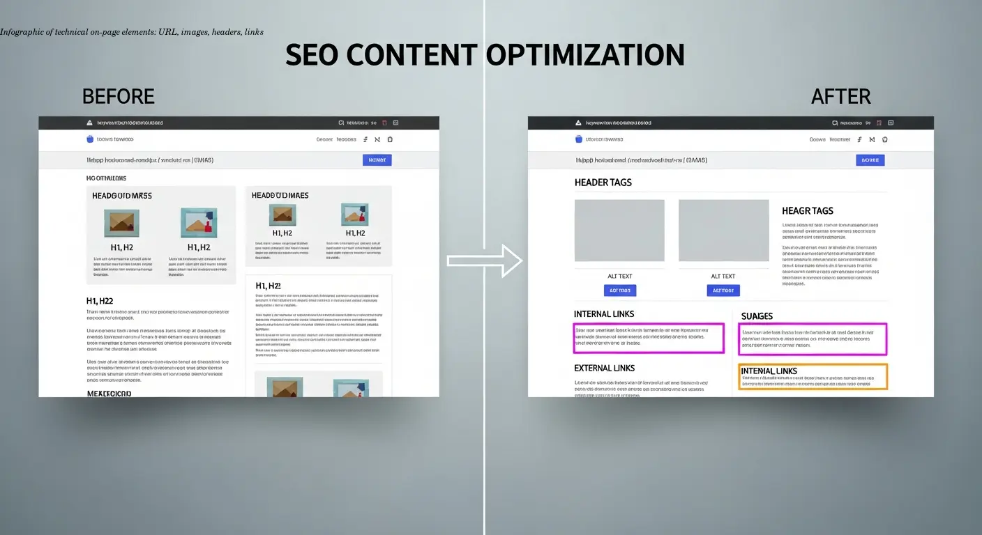 Infographic of technical on-page elements: URL, images, headers, links