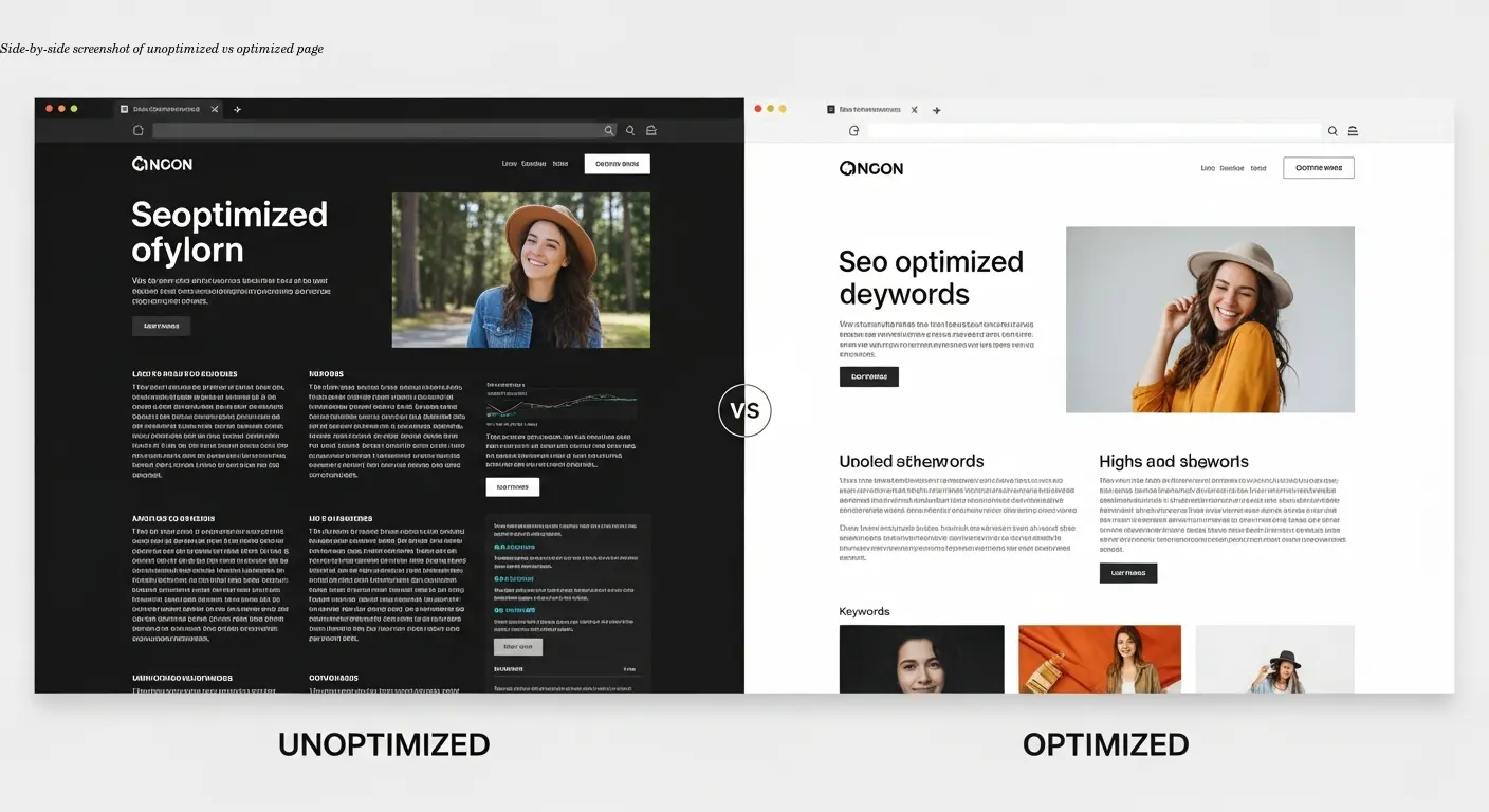 Side-by-side screenshot of unoptimized vs optimized page