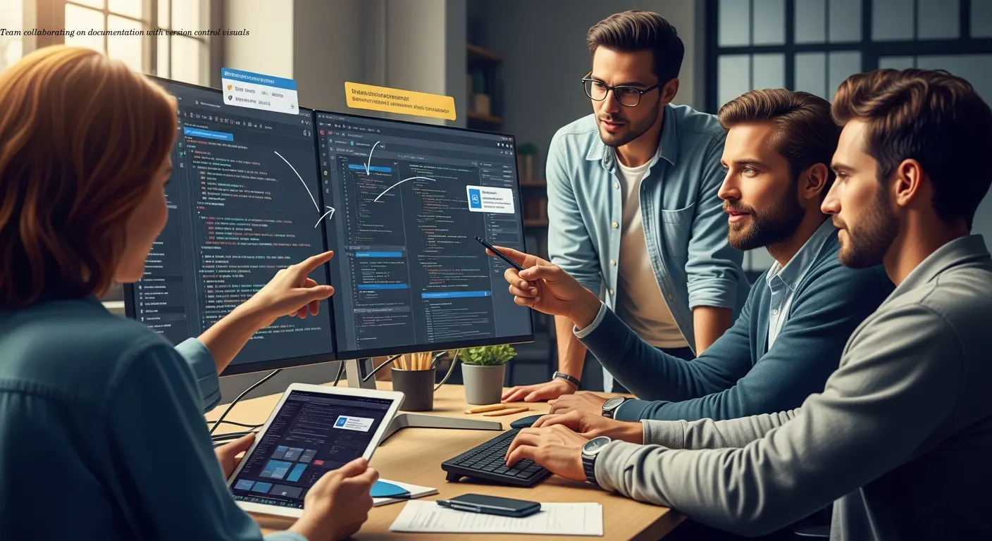 Team collaborating on documentation with version control visuals