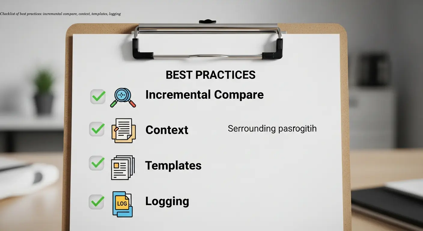 Checklist of best practices: incremental compare, context, templates, logging