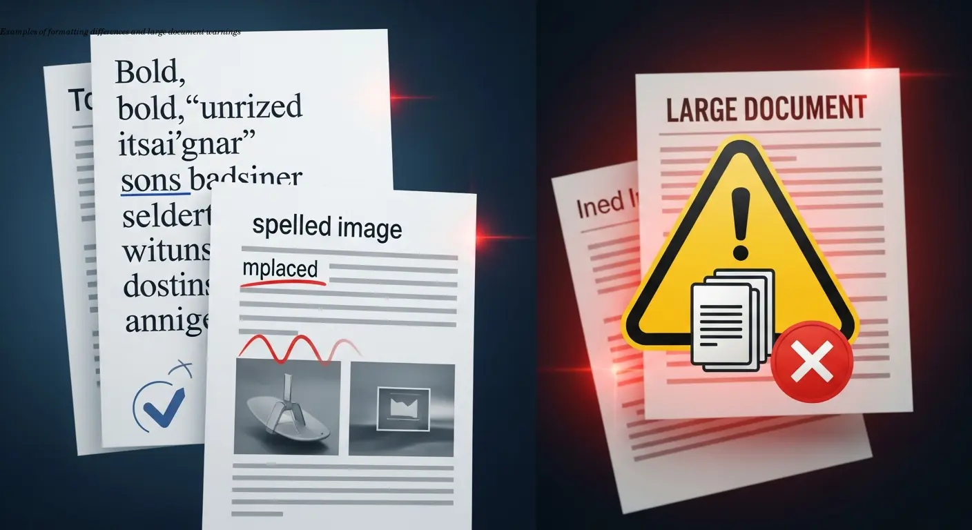 Examples of formatting differences and large document warnings