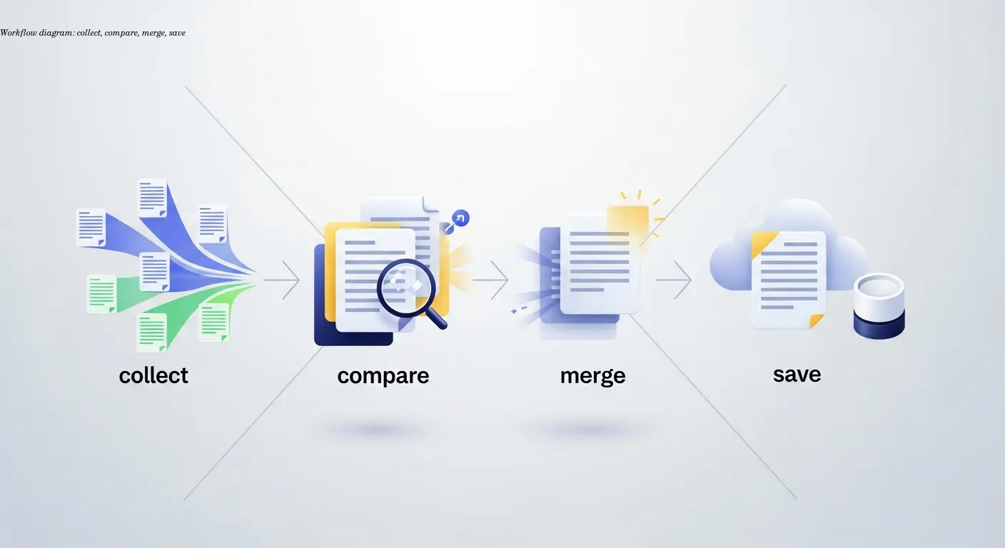 Workflow diagram: collect, compare, merge, save