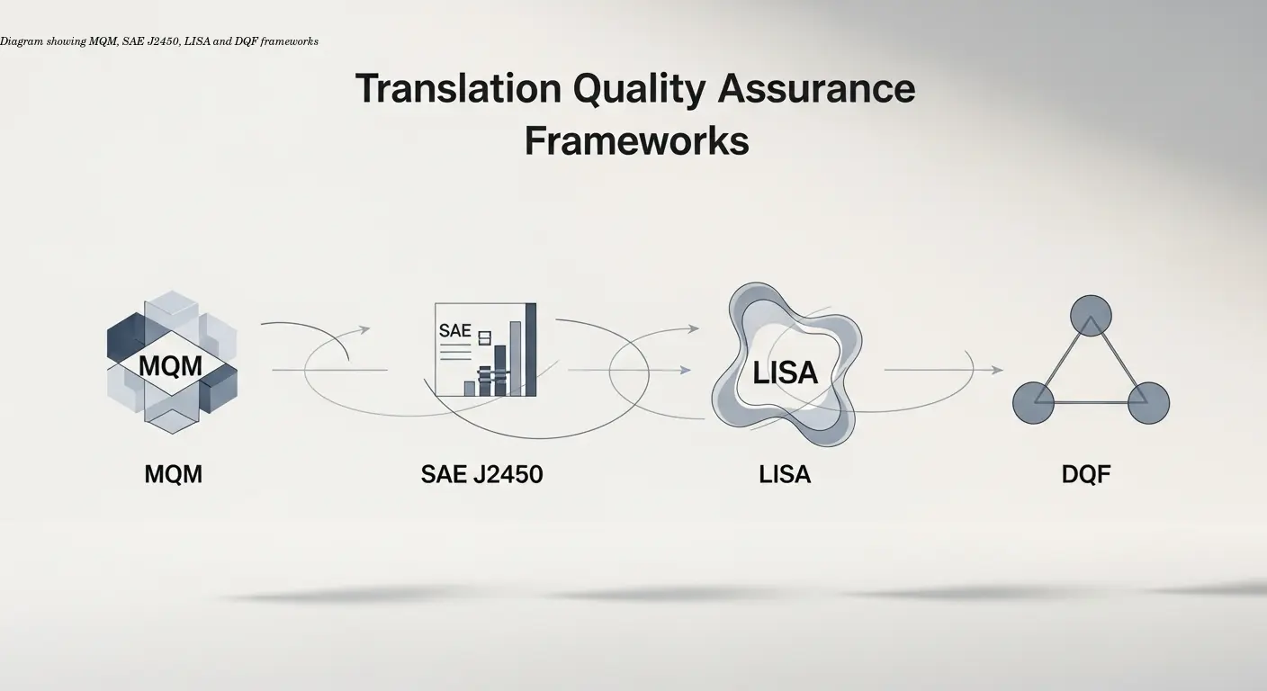 Diagram showing MQM, SAE J2450, LISA and DQF frameworks